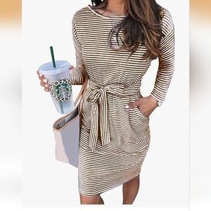 Striped Brown and White Tie  Dress